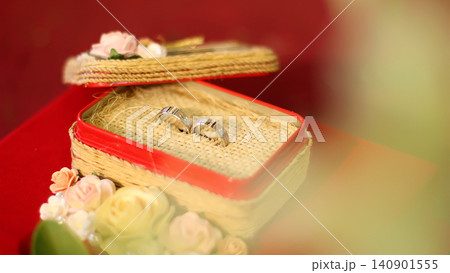 elegant wedding rings resting in a rustic burlap ring box adorned with delicate floral accents, symbolizing love, commitment, and timeless romance. This image is ideal for wedding invitations 140901555