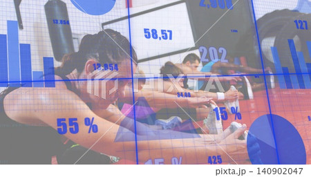 Stretching foreground woman wearing black tank top reaching toes on gym red mat, with data overlays 140902047