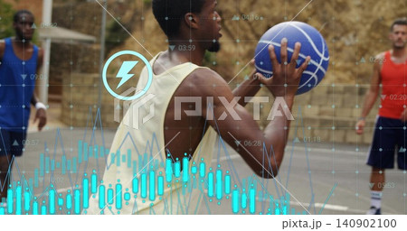 Holding blue basketball, center aiming shot at outdoor court in yellow tank, showing data overlay 140902100