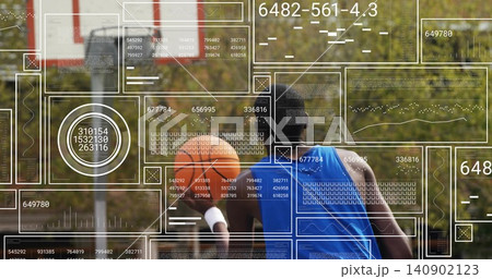 Running three athletes charging across grassy field with blue and orange singlets, HUD overlays 140902123