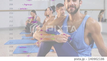 Sitting man in blue tank facing camera at yoga class with mats, barre and code overlay Sitting man in blue tank facing camera at yoga class with mats, barre and code overlay 140902186