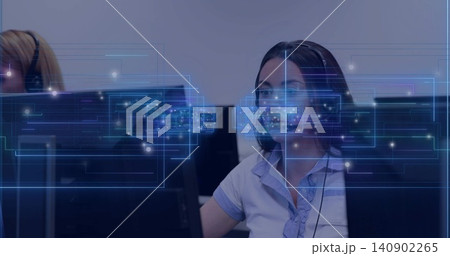 Answering calls, woman wearing blouse and headset monitoring screens at office, data overlays Answering calls, woman wearing blouse and headset monitoring screens at office, data overlays 140902265