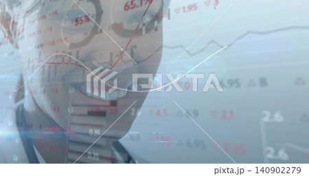 Smiling woman wearing round eyeglasses and blazer in office, showing overlaid stock data 140902279