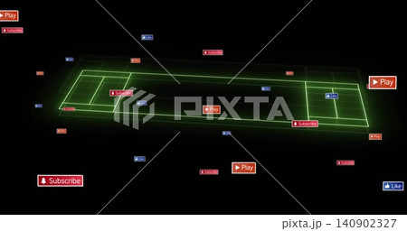 Floating neon-green court hovering in virtual 3D void, with scattered Play Subscribe Like badges 140902327