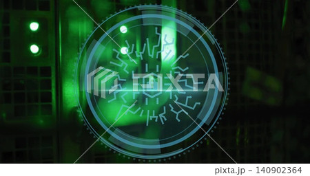 Projecting translucent circular HUD overlay showing padlock, concentric rings over server rack room 140902364