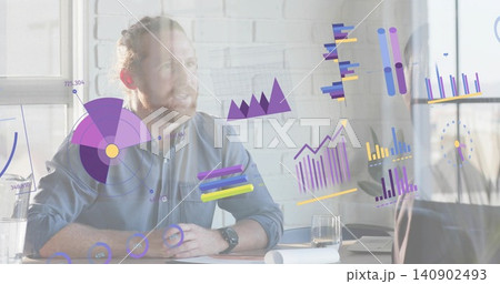 Presenting bearded man in button-up shirt explaining digital charts at meeting desk with monitor Presenting bearded man in button-up shirt explaining digital charts at meeting desk with monitor 140902493