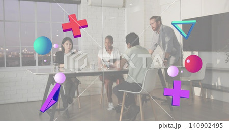 Leading bearded man leaning on table guiding business team in glass room, laptop and AR overlays 140902495
