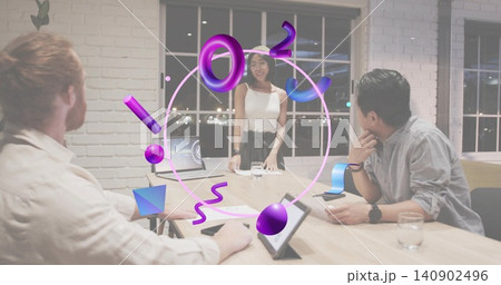 Presenting woman leaning on table in office in white top dark skirt with purple 3D overlay 140902496