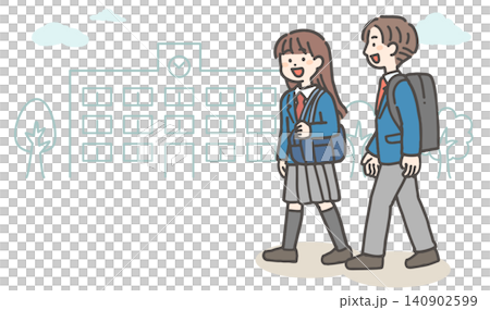Two students (a middle school student and a high school student) in winter uniforms are seen chatting as they walk past the school. Two students (a middle school student and a high school student) in winter uniforms are seen chatting as they walk past the school. 140902599