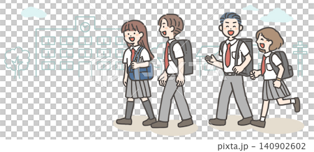 四個穿著夏季校服的學生(國中生和高中生)邊聊天邊走過學校。 四個穿著夏季校服的學生(國中生和高中生)邊聊天邊走過學校。 140902602