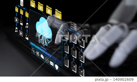Futuristic Robot Hand Interacting with Virtual Cloud Technology and Data Files on Computer Screen in Dark Environment Fluxor 140902609