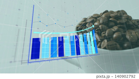 Displaying 3D chart with teal arrow and trendline on studio table beside bowl of coffee beans 140902792