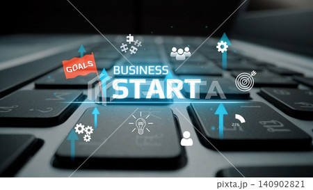 Business Startup Concept with Keyboard, Goals, Arrows, and Icons Representing Growth, Innovation, and Success in a Digital Environment. Entropy Business Startup Concept with Keyboard, Goals, Arrows, and Icons Representing Growth, Innovation, and Success in a Digital Environment. Entropy 140902821
