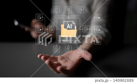 Digital representation of artificial intelligence concept with data connections and folder icon displayed on a hand against a dark background. Glyphic Digital representation of artificial intelligence concept with data connections and folder icon displayed on a hand against a dark background. Glyphic 140902889