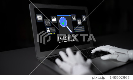 Robotic Hand Interacting with Laptop Screen Displaying Data Analytics and Search Functions in a Dark Environment. Glyphic Robotic Hand Interacting with Laptop Screen Displaying Data Analytics and Search Functions in a Dark Environment. Glyphic 140902965