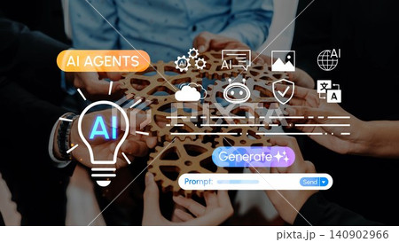 Collaborative Concept of AI Agents and Human Interaction with Gears and Creative Icons Representing Technology and Innovation. Entropy 140902966