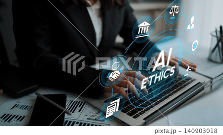 Business Professional Engaging with AI Ethics Concepts on Laptop in Modern Workspace with Digital Graphics and Data Visualizations. Entropy Business Professional Engaging with AI Ethics Concepts on Laptop in Modern Workspace with Digital Graphics and Data Visualizations. Entropy 140903018