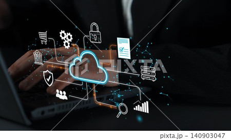 Digital Transformation and Cloud Computing Concept with Businessman Interacting with Cloud Technology and Illustrative Icons of Data Management and Security. Entropy Digital Transformation and Cloud Computing Concept with Businessman Interacting with Cloud Technology and Illustrative Icons of Data Management and Security. Entropy 140903047