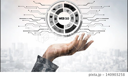 Hand Reaching Toward Digital Sphere Representing Web 3.0 Concepts with Technology Symbols and Cityscape Background for Future Connectivity and Innovation. Entropy 140903258