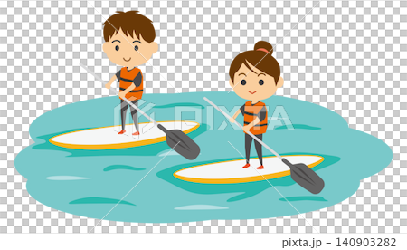 An illustration depicting a man and woman standing up on paddleboards. An illustration depicting a man and woman standing up on paddleboards. 140903282