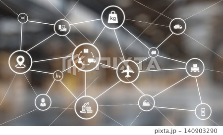Logistics icons illustrate delivery, supply chain, warehouse, and shipping. Gist 140903290