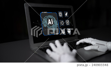 Futuristic Computer Interaction with Artificial Intelligence Displayed on Laptop Screen Showcasing High-Tech Robotic Hand Engaging with Digital Interface Quark Futuristic Computer Interaction with Artificial Intelligence Displayed on Laptop Screen Showcasing High-Tech Robotic Hand Engaging with Digital Interface Quark 140903348