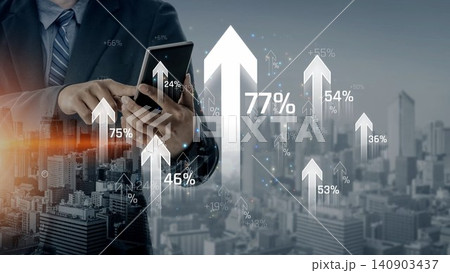 A business professional interacts with a smartphone while digital graphs indicate financial growth and market trends, set against a vibrant urban backdrop, symbolizing progress. Sigmoid A business professional interacts with a smartphone while digital graphs indicate financial growth and market trends, set against a vibrant urban backdrop, symbolizing progress. Sigmoid 140903437