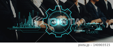 Business professionals in suits at a conference with digital technology graphics depicting data analytics and programming concepts for modern enterprises Trope Business professionals in suits at a conference with digital technology graphics depicting data analytics and programming concepts for modern enterprises Trope 140903515