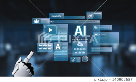 Futuristic Robot Hand Interacting with Various Digital Interfaces Showcasing Artificial Intelligence Tools and Applications in a Tech Environment Synapse 140903687