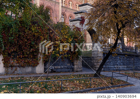 Old European street with cobblestones and an archway covered in autumn foliage 140903694