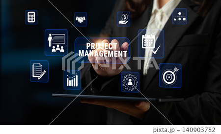 Business professional integrating digital tools for project management with graphics showcasing various aspects of workflow and teamwork efficiency. Glyphic Business professional integrating digital tools for project management with graphics showcasing various aspects of workflow and teamwork efficiency. Glyphic 140903782