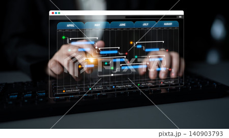 Dynamic project timeline visualization with a Gantt chart displayed on a computer screen, showcasing hands working on a keyboard. Ideal for management and planning themes. Sigmoid Dynamic project timeline visualization with a Gantt chart displayed on a computer screen, showcasing hands working on a keyboard. Ideal for management and planning themes. Sigmoid 140903793