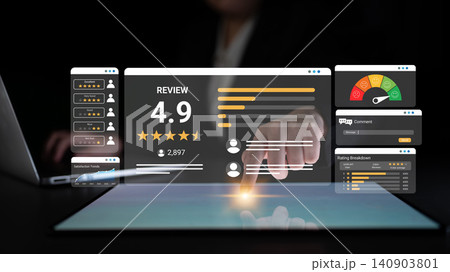 Digital Review Interface with Star Rating and Feedback for Online Services, Showcasing User Interaction and Engagement Metrics in Dark Background Ledger Digital Review Interface with Star Rating and Feedback for Online Services, Showcasing User Interaction and Engagement Metrics in Dark Background Ledger 140903801