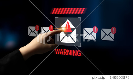 Hand Pressing Warning Icon for Email Threats with Alert Symbols in Digital Interface, Cybersecurity Concept for Phishing and Spam Protection Gantry Hand Pressing Warning Icon for Email Threats with Alert Symbols in Digital Interface, Cybersecurity Concept for Phishing and Spam Protection Gantry 140903873