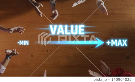Hands Reaching for Value Indicators on Wooden Surface with Bright Arrow Showing Minimum and Maximum Value Points in Business Context. Raster 140904026