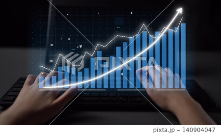 Hands on a Keyboard with a Digital Graph Displaying a Steady Increase in Business Performance and Growth Metrics on a Dark Background Copula Hands on a Keyboard with a Digital Graph Displaying a Steady Increase in Business Performance and Growth Metrics on a Dark Background Copula 140904047