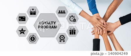 Hands Together Promoting Loyalty Program with Various Icons and Symbols Representing Rewards and Engagement Strategies for Businesses Ledger Hands Together Promoting Loyalty Program with Various Icons and Symbols Representing Rewards and Engagement Strategies for Businesses Ledger 140904249