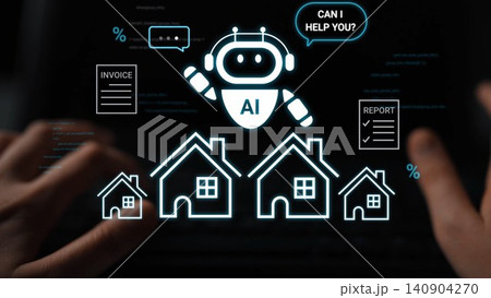Friendly AI Robot Offering Assistance with Houseownership Queries and Financial Reports on a Digital Screen Displaying Various Business Documents Gluon Friendly AI Robot Offering Assistance with Houseownership Queries and Financial Reports on a Digital Screen Displaying Various Business Documents Gluon 140904270