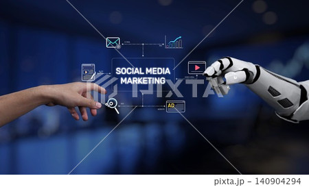Human and Robot Hands Interacting in Social Media Marketing Concept with Digital Graphics and Icons for Technology and Business Innovation Synapse 140904294