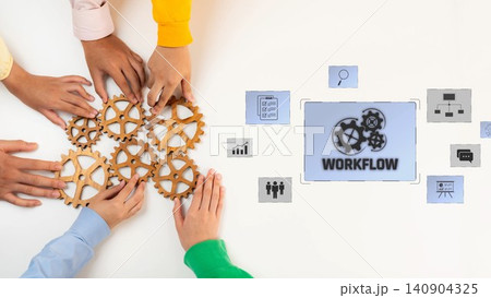 Collaborative Hands Engaging with Gears and Workflow Icons on White Table Representing Teamwork, Innovation, and Process Efficiency in Business Operations. Raster Collaborative Hands Engaging with Gears and Workflow Icons on White Table Representing Teamwork, Innovation, and Process Efficiency in Business Operations. Raster 140904325