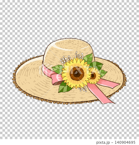 An illustration of a straw hat decorated with sunflowers and a pink ribbon. An illustration of a straw hat decorated with sunflowers and a pink ribbon. 140904695