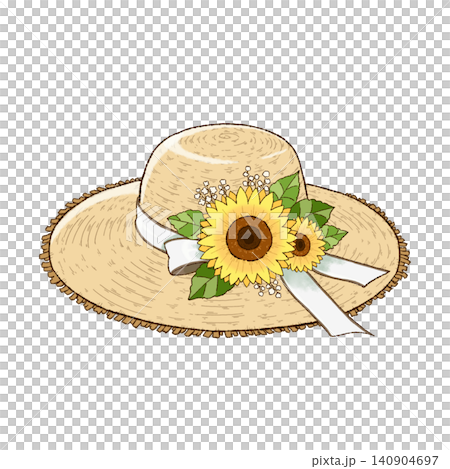 An illustration of a straw hat decorated with sunflowers and a white ribbon. An illustration of a straw hat decorated with sunflowers and a white ribbon. 140904697