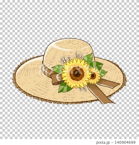 An illustration of a straw hat decorated with sunflowers and a brown ribbon. An illustration of a straw hat decorated with sunflowers and a brown ribbon. 140904699