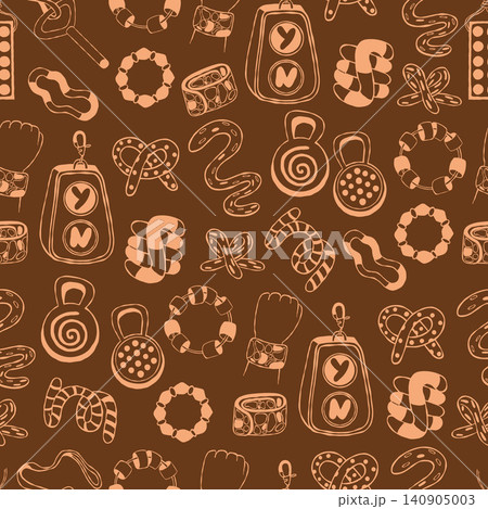 Seamless Pattern with Autism Sensory Fidget Toys and ADHD Chew Necklaces on Brown Background. Vector Illustration. Continuous Tactile Stimming Tools Textile Print, Wallpaper for Occupational Therapy. Seamless Pattern with Autism Sensory Fidget Toys and ADHD Chew Necklaces on Brown Background. Vector Illustration. Continuous Tactile Stimming Tools Textile Print, Wallpaper for Occupational Therapy. 140905003