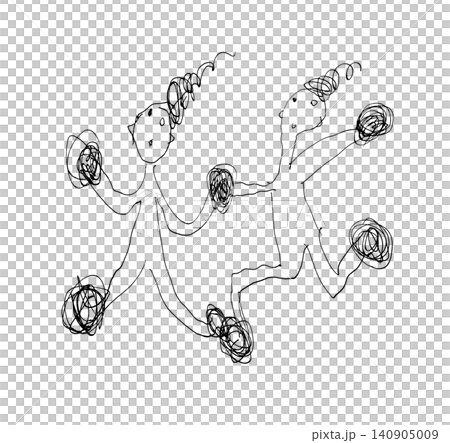 [Transparent Background] Monochrome line art of two unique characters running and dancing while holding hands. 140905009