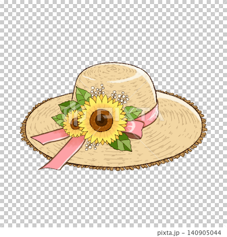 An illustration of a straw hat decorated with sunflowers and a pink ribbon, facing right. An illustration of a straw hat decorated with sunflowers and a pink ribbon, facing right. 140905044