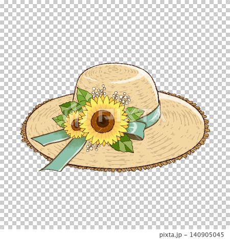 An illustration of a straw hat decorated with sunflowers and a mint green ribbon, facing to the right. An illustration of a straw hat decorated with sunflowers and a mint green ribbon, facing to the right. 140905045