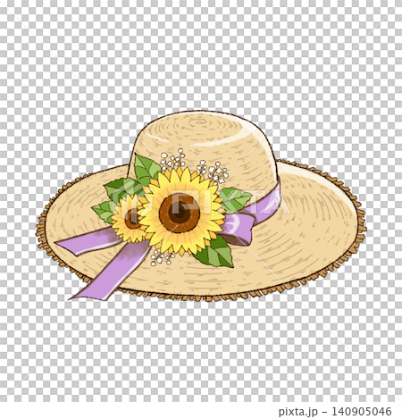 An illustration of a straw hat decorated with sunflower and lavender ribbons, facing right. 140905046