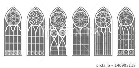 Church arched windows. Gothic arch cathedral frames with pattern of stained glass. Silhouettes of medieval castle decoration. Old architecture catholic decoration of renaissance buildings. Church arched windows. Gothic arch cathedral frames with pattern of stained glass. Silhouettes of medieval castle decoration. Old architecture catholic decoration of renaissance buildings. 140905118