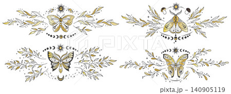 Celestial mystic moth with symbols of moon and sun. Outline vector butterfly vintage illustrations set. Astrology graphic with floral elements for witchy tattoo golden designs, tarot card Celestial mystic moth with symbols of moon and sun. Outline vector butterfly vintage illustrations set. Astrology graphic with floral elements for witchy tattoo golden designs, tarot card 140905119